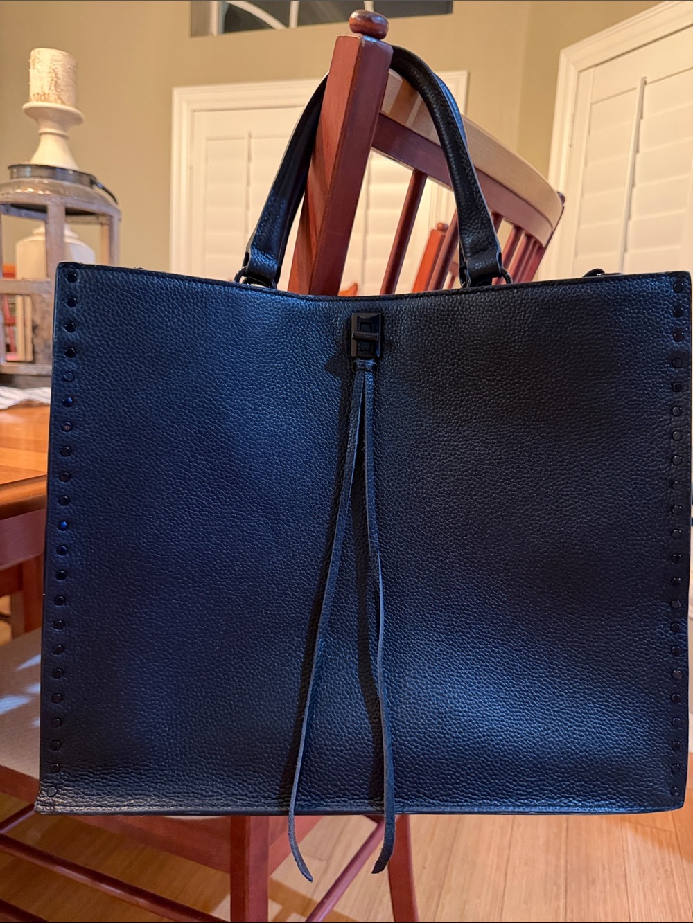 Rebecca Minkoff Black Leather Stud-Edge Tote with Tassel